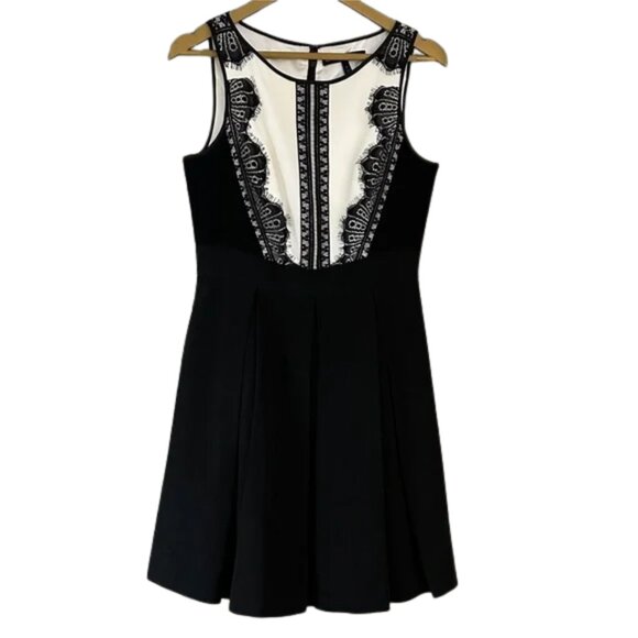 Black White Lace Panel Dress Sleeveless Fit & Flare Mini - Picture 2 of 8